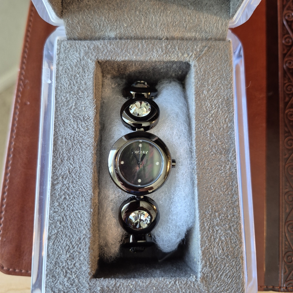 DKNY Vintage Gunmetal and Crystal Watch.
